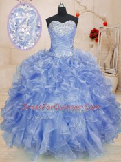 Sleeveless Floor Length Beading and Ruffles Zipper 15th Birthday Dress with Light Blue