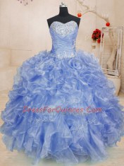 Sleeveless Floor Length Beading and Ruffles Zipper 15th Birthday Dress with Light Blue