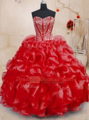 Sweetheart Sleeveless 15 Quinceanera Dress Floor Length Beading and Ruffles Red Organza