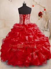 Sweetheart Sleeveless 15 Quinceanera Dress Floor Length Beading and Ruffles Red Organza