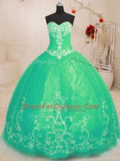 Turquoise Ball Gowns Beading and Embroidery Sweet 16 Dress Lace Up Tulle Sleeveless Floor Length