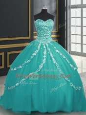 Free and Easy Turquoise Sleeveless Brush Train Beading and Appliques With Train Quinceanera Dresses
