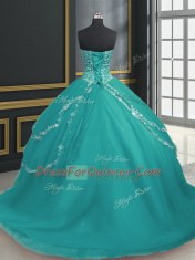 Free and Easy Turquoise Sleeveless Brush Train Beading and Appliques With Train Quinceanera Dresses