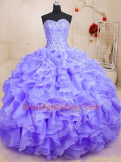 Colorful Sleeveless Organza Floor Length Lace Up Quinceanera Dresses in Lavender with Beading and Ruffles