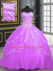 Lilac Tulle Lace Up Quinceanera Gown Sleeveless With Brush Train Beading and Appliques