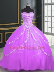 Lilac Tulle Lace Up Quinceanera Gown Sleeveless With Brush Train Beading and Appliques