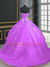 Lilac Tulle Lace Up Quinceanera Gown Sleeveless With Brush Train Beading and Appliques