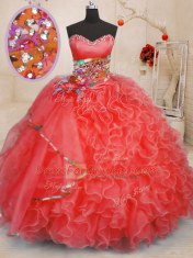 Exceptional Organza Sweetheart Sleeveless Lace Up Beading and Ruffles 15 Quinceanera Dress in Coral Red