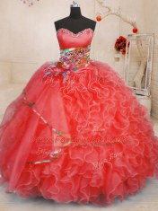 Exceptional Organza Sweetheart Sleeveless Lace Up Beading and Ruffles 15 Quinceanera Dress in Coral Red