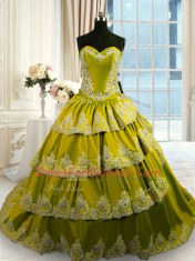 Olive Green Sleeveless With Train Beading and Appliques and Ruffled Layers Lace Up Quinceanera Gowns