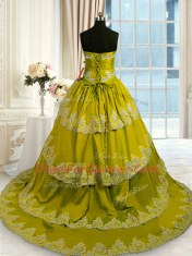Olive Green Sleeveless With Train Beading and Appliques and Ruffled Layers Lace Up Quinceanera Gowns