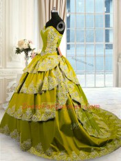 Olive Green Sleeveless With Train Beading and Appliques and Ruffled Layers Lace Up Quinceanera Gowns