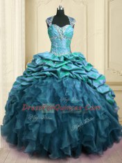 Fashionable Teal Lace Up Sweetheart Beading and Ruffles and Pick Ups Sweet 16 Dresses Organza and Taffeta Cap Sleeves Brush Train