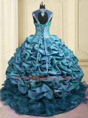 Fashionable Teal Lace Up Sweetheart Beading and Ruffles and Pick Ups Sweet 16 Dresses Organza and Taffeta Cap Sleeves Brush Train