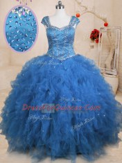 High End Teal Lace Up Straps Beading and Ruffles and Sequins Quince Ball Gowns Tulle Cap Sleeves