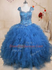 High End Teal Lace Up Straps Beading and Ruffles and Sequins Quince Ball Gowns Tulle Cap Sleeves