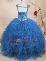 High End Teal Lace Up Straps Beading and Ruffles and Sequins Quince Ball Gowns Tulle Cap Sleeves