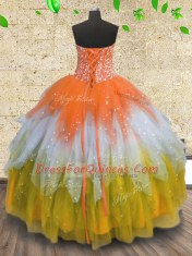 Sleeveless Tulle Floor Length Lace Up Quinceanera Dress in Multi-color with Beading and Ruffles and Sequins