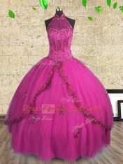 Smart Ball Gowns Sweet 16 Dresses Fuchsia Halter Top Tulle Sleeveless Floor Length Lace Up