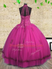 Smart Ball Gowns Sweet 16 Dresses Fuchsia Halter Top Tulle Sleeveless Floor Length Lace Up