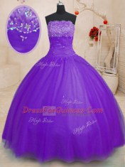 Purple Lace Up Strapless Beading Ball Gown Prom Dress Tulle Sleeveless