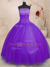 Purple Lace Up Strapless Beading Ball Gown Prom Dress Tulle Sleeveless