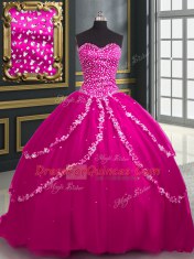 Glamorous Fuchsia Tulle Lace Up Sweetheart Sleeveless With Train Sweet 16 Dresses Brush Train Beading and Appliques