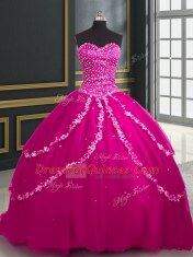 Glamorous Fuchsia Tulle Lace Up Sweetheart Sleeveless With Train Sweet 16 Dresses Brush Train Beading and Appliques