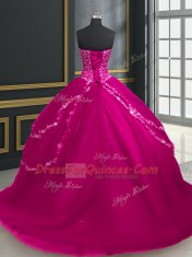 Glamorous Fuchsia Tulle Lace Up Sweetheart Sleeveless With Train Sweet 16 Dresses Brush Train Beading and Appliques