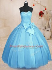 Baby Blue Vestidos de Quinceanera Military Ball and Sweet 16 and Quinceanera and For with Beading and Bowknot Sweetheart Sleeveless Lace Up
