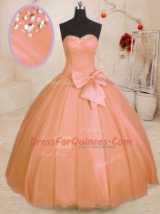 Fabulous Orange Tulle Lace Up 15 Quinceanera Dress Sleeveless Floor Length Beading and Bowknot