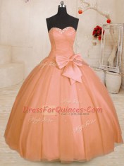 Fabulous Orange Tulle Lace Up 15 Quinceanera Dress Sleeveless Floor Length Beading and Bowknot