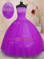 Custom Fit Purple Tulle Lace Up Sweet 16 Dresses Sleeveless Floor Length Beading