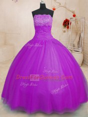 Custom Fit Purple Tulle Lace Up Sweet 16 Dresses Sleeveless Floor Length Beading