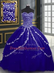 Blue Quinceanera Gowns Military Ball and Sweet 16 and Quinceanera and For with Beading and Appliques Sweetheart Sleeveless Brush Train Lace Up