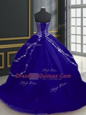 Blue Quinceanera Gowns Military Ball and Sweet 16 and Quinceanera and For with Beading and Appliques Sweetheart Sleeveless Brush Train Lace Up