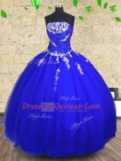 Tulle Strapless Sleeveless Lace Up Appliques and Ruching Sweet 16 Dress in Royal Blue