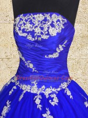 Tulle Strapless Sleeveless Lace Up Appliques and Ruching Sweet 16 Dress in Royal Blue