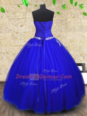 Tulle Strapless Sleeveless Lace Up Appliques and Ruching Sweet 16 Dress in Royal Blue