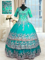 Half Sleeves Zipper Floor Length Beading and Lace and Appliques and Ruffled Layers Quinceanera Gown