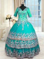 Half Sleeves Zipper Floor Length Beading and Lace and Appliques and Ruffled Layers Quinceanera Gown