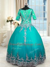 Half Sleeves Zipper Floor Length Beading and Lace and Appliques and Ruffled Layers Quinceanera Gown