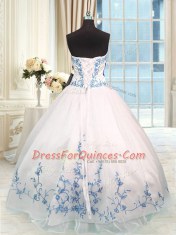 Pretty Floor Length Lace Up 15th Birthday Dress White for Military Ball and Sweet 16 and Quinceanera with Embroidery and Sashes ribbons