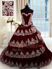 Wine Red Ball Gowns Beading and Appliques and Ruffled Layers Quinceanera Dresses Lace Up Taffeta Sleeveless With Train