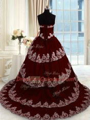 Wine Red Ball Gowns Beading and Appliques and Ruffled Layers Quinceanera Dresses Lace Up Taffeta Sleeveless With Train