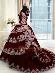 Wine Red Ball Gowns Beading and Appliques and Ruffled Layers Quinceanera Dresses Lace Up Taffeta Sleeveless With Train