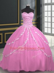 Rose Pink Sleeveless With Train Beading and Appliques Lace Up 15 Quinceanera Dress
