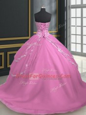 Rose Pink Sleeveless With Train Beading and Appliques Lace Up 15 Quinceanera Dress