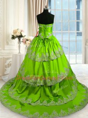 Comfortable Ruffled With Train A-line Sleeveless Green Sweet 16 Dress Court Train Lace Up