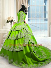 Comfortable Ruffled With Train A-line Sleeveless Green Sweet 16 Dress Court Train Lace Up
